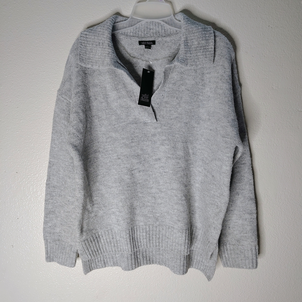 Wild Fable Women's Light Gray Collared V-Neck Long Sleeves Sweater Sz M New - Picture 3 of 15